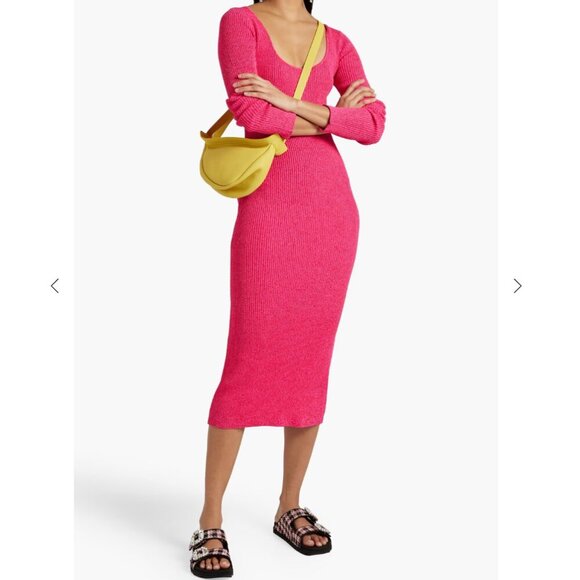 EUC Ganni Marled Ribbed Knit Midi Dress Fuchsia Pink Long Sleeve Stretch Small - Picture 1 of 16
